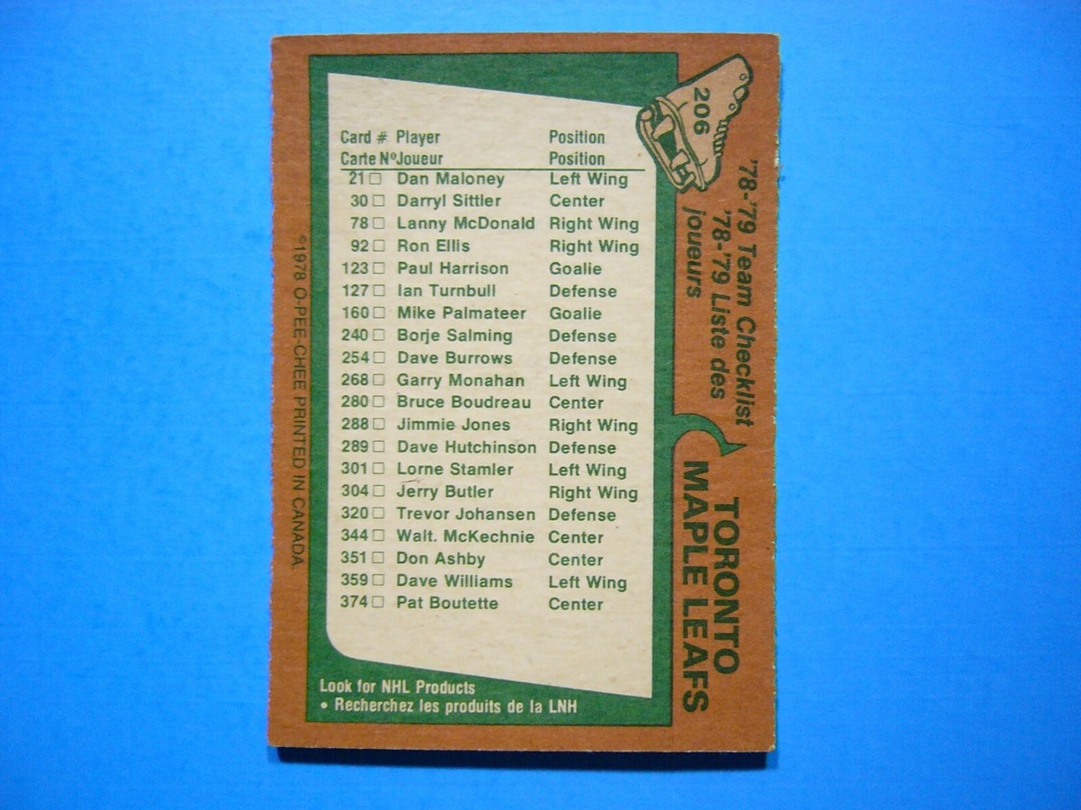 1978/79 O-PEE-CHEE NHL HOCKEY CARD #206 TORONTO MAPLE LEAFS