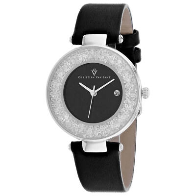 Christian Van Sant Women's Watch Dazzle Quartz Black Dial Leather Strap CV1221