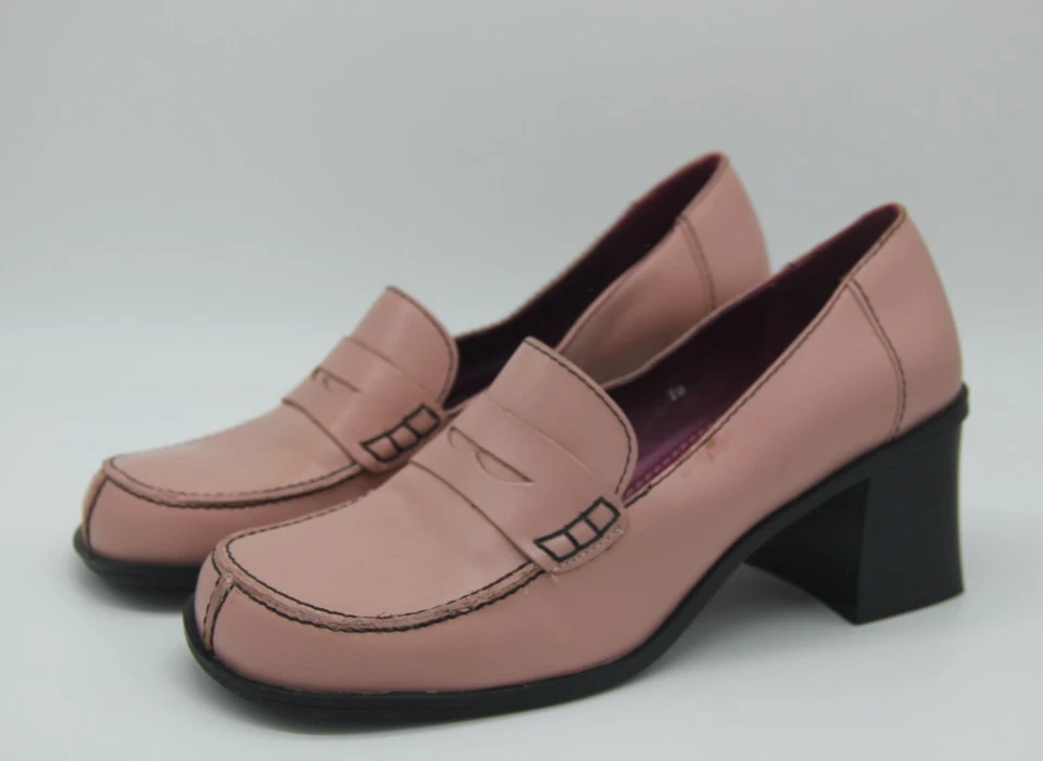 Mocasines vintage años 90 Y2K dos labios plataforma gruesa centavo tacón bloque rosa Mia 7M Foto 2 de 4