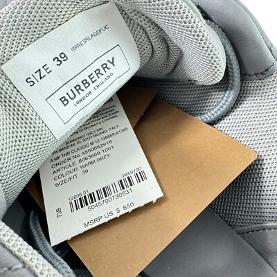 【ユウ】 $850 BURBERRY Grey Leather Auxburton Quilted Women Sneakers Made