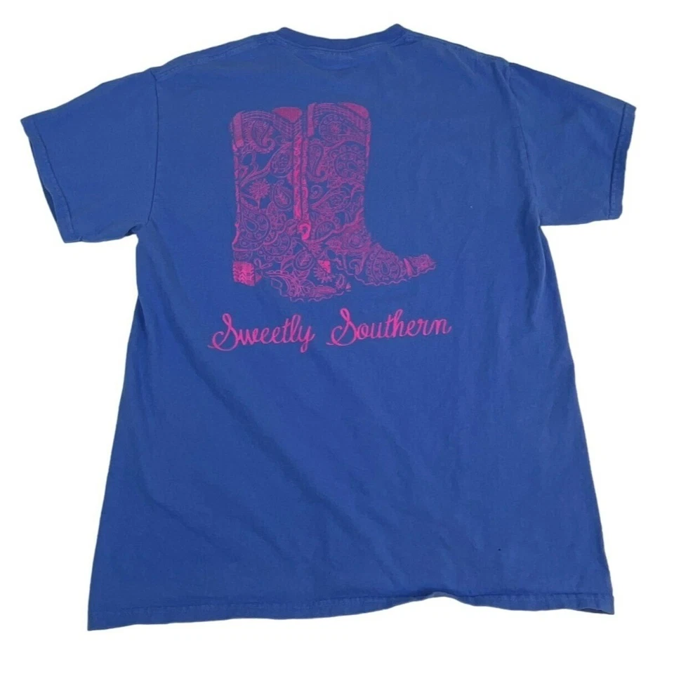 Gildan Niña Dulce Southern Vaquera Bota Camiseta M Azul Rosa 100% Algodón Foto 2 de 4