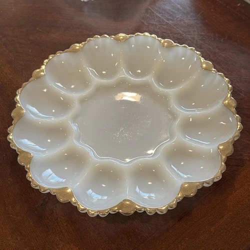 Vintage Milk Glass Deviled Egg Plate Tray Gold Trim Scalloped Edge Round