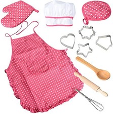 Chef Set for Kids,11pcs Kitchen Costume Role Play Kits, Girls Apron with Chef...