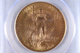 NobleSpirit GOLD 1907 $20 PCGS Ms63 IMPRESSIVE Choice BU Blue Label