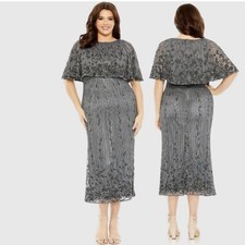 Mac Duggal NWT Size 20W Beaded Column Dress With Cape Pewter Gray $498