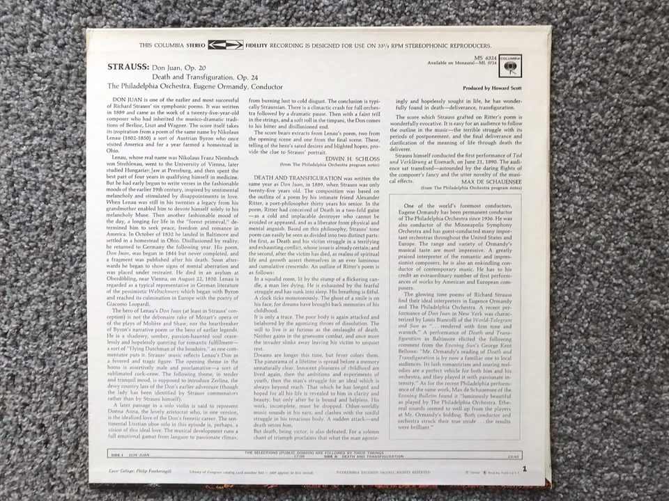 Ormandy Strauss Don Juan Death And Transfiguration Columbia MS6324 LP Foto 2 de 4