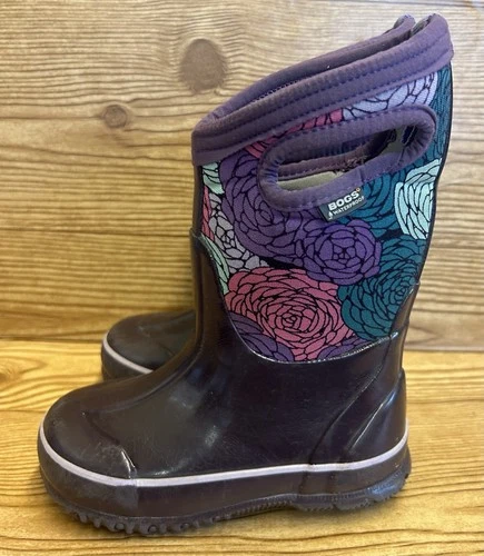 BOGS Classic Watercolor Boots Sz 9 Girl's Purple Insulated Winter Floral