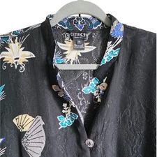 Citron Santa Monica 1X Black Silk Asian Crane Fans Blouse Mandarin Collar Shirt