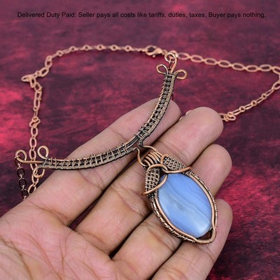 Blue Lace Agate Stone Chain Wire Wrapped Daughter Engagement Necklace Copper
