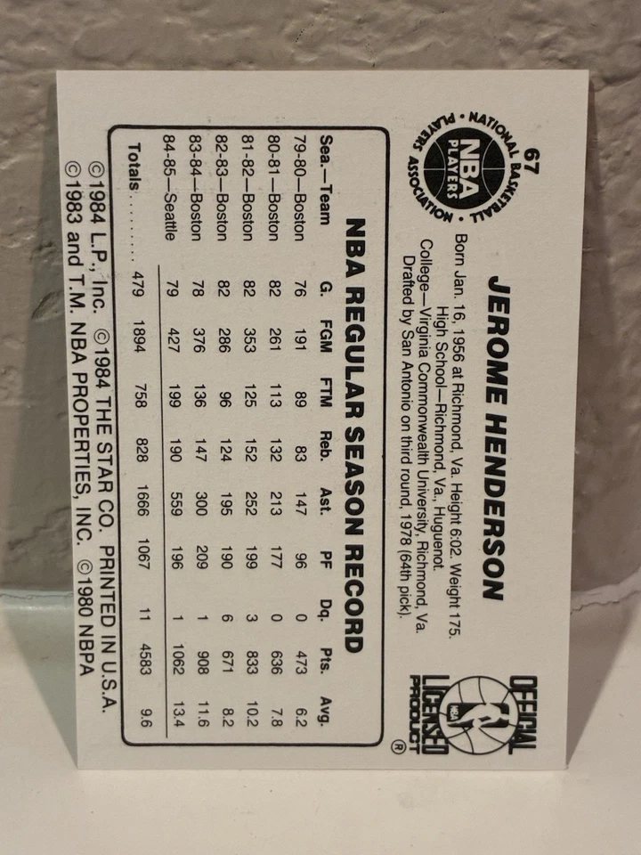 1985-86 Star Gerald Henderson #67 Seattle SuperSonics NRMT - Image 2 of 2