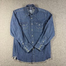 Vintage Wrangler Mens Western Denim Pearl Snap Shirt XL Blue Long Sleeve