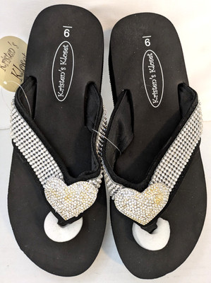 Kristen's Kloset Black Rhinestone Heart Thong Platform Sandals Size 9