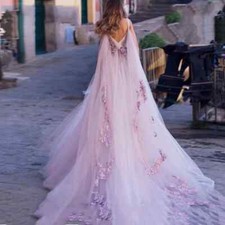 Sexy Pink V-neck Boho Wedding Dresses Beach Backless Puff Tulle Briidal Gowns