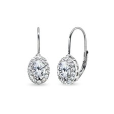 6x4mm Oval Cubic Zirconia Halo Sterling Silver Drop Leverback Earrings