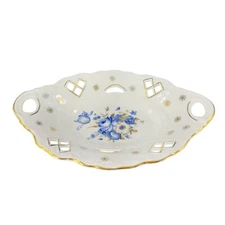 Vintage Apulum Fine Romanian Porcelain Dish Bowl With Handles Blue Flowers VTG
