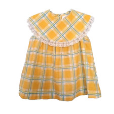 Vtg Girls Yellow  Blue Mod Plaid Sleeveless Dress Peter Pan Bib Collar 18-24 mo