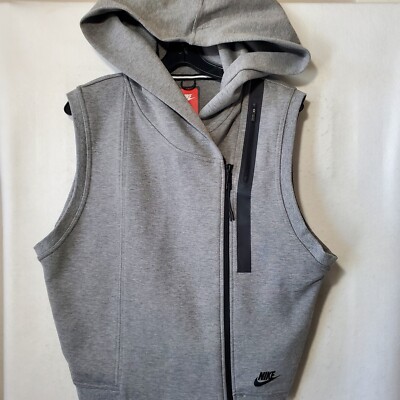 Nike Tech Hoodie Womens Medium Grey Fleece Vest Hooded Diagonal Full Zip 