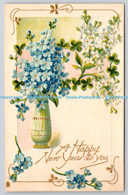R772262 A Happy New Year To You Vase With Blue Flowers Tuck Christmas Series No