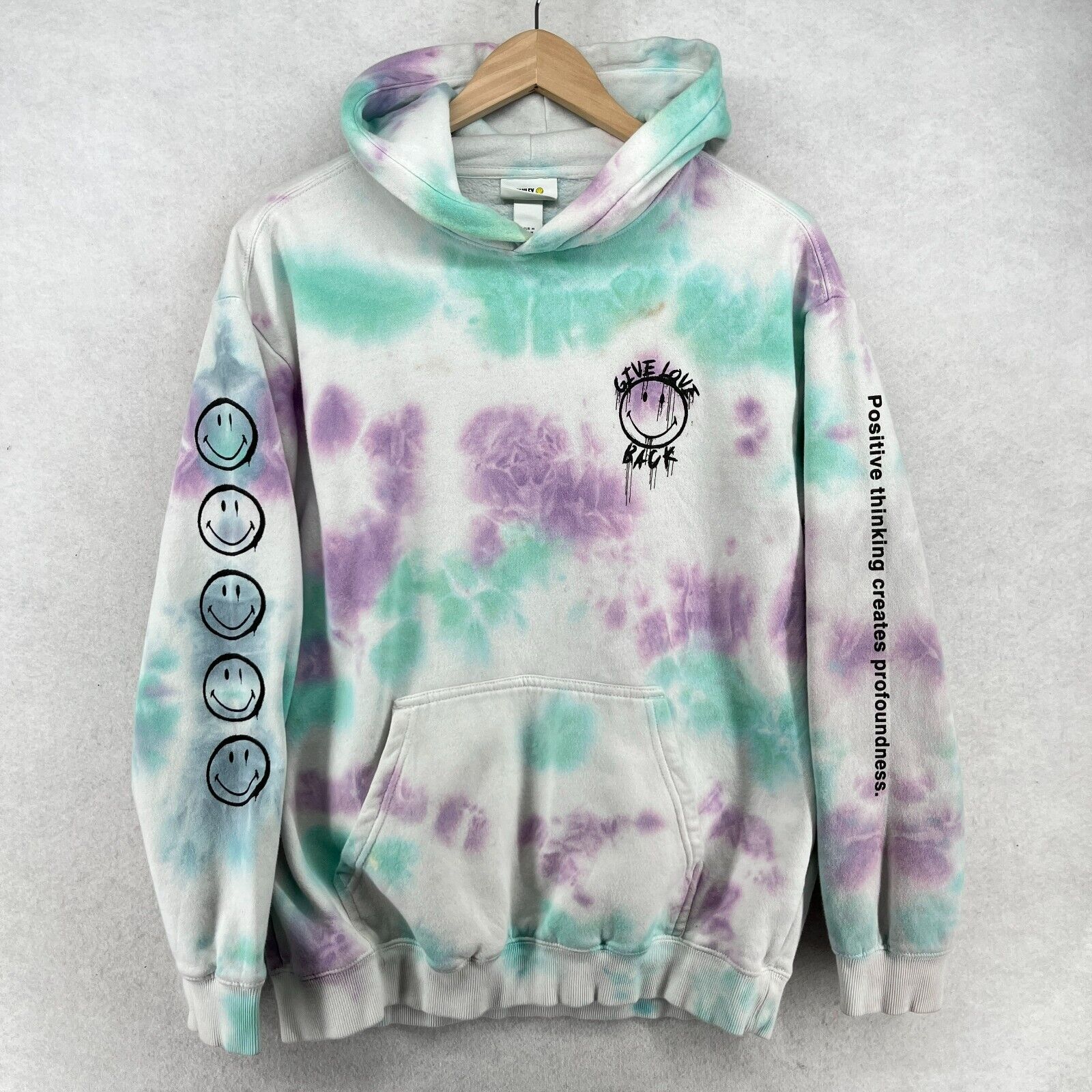 SMILEY X H & M Hoodie Mens M GIVE LOVE BACK Tie Dye Cotton Blend Pullover Purple