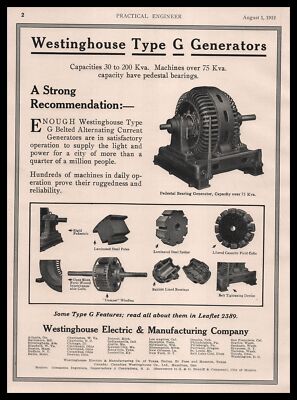 1912 Westinghouse Type G Belted Alternating Current Generators Vintage Print Ad