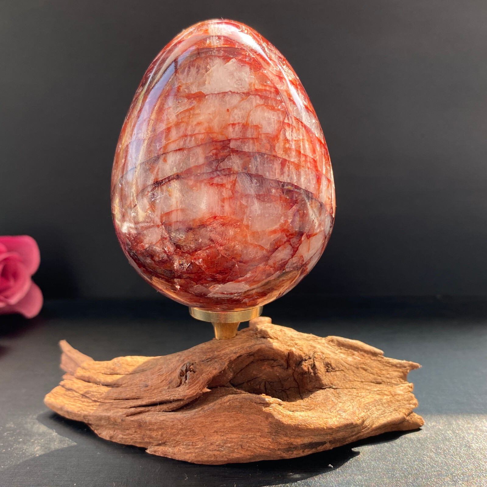 Red Glue Flower Crystal Ball Carved Reiki Healing Stone with Stand