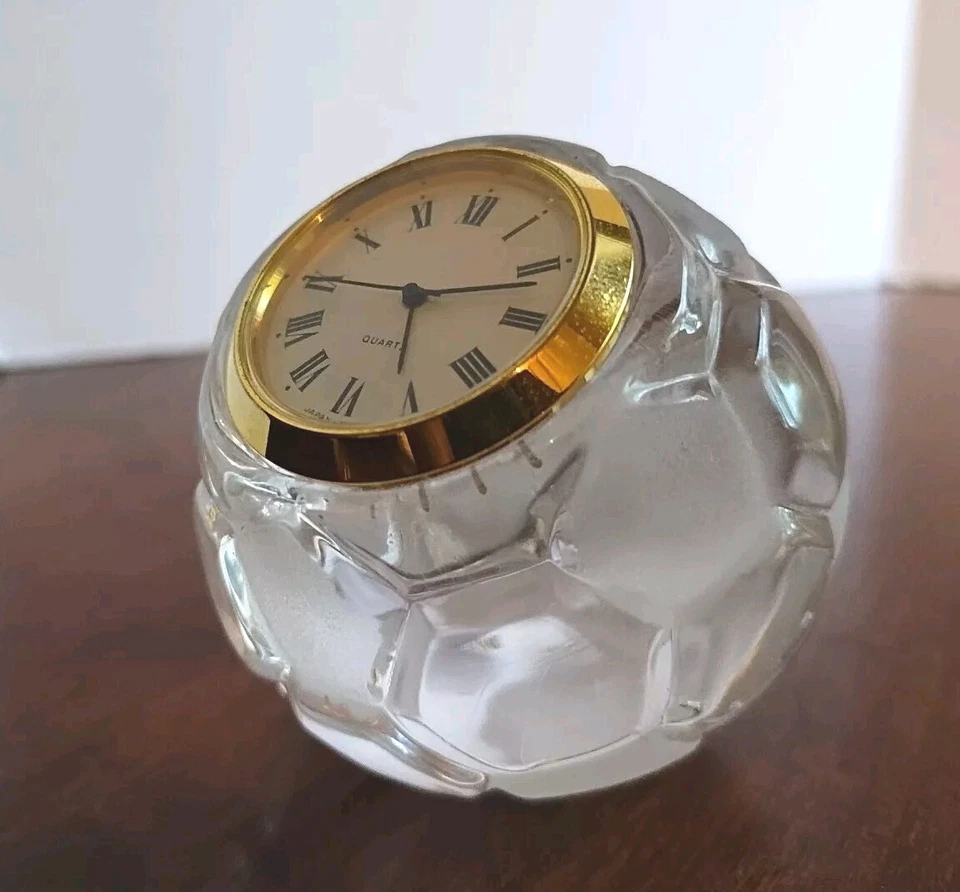 Desk Clock Crystal Cut Glass Paperweight Round Shape Vintage Quartz Japan Soccer - Image 2 of 4