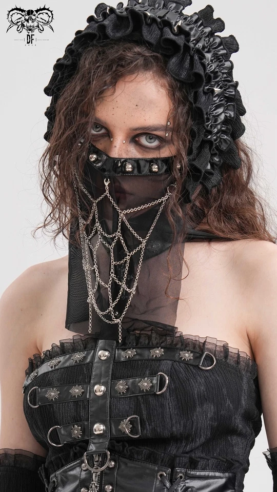 Devil Fashion Women Black Gothic Punk Half Face Veil Mask With Detachable Chain - Image 4 of 4