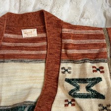 VTG 70s M Spring Boho Brown Green Southwestern Aztec Open Office Casual Cardigan
