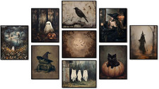 Vintage Halloween Wall Art Set of 9, Gothic Ghost and Witchy Frog Picture Wall D