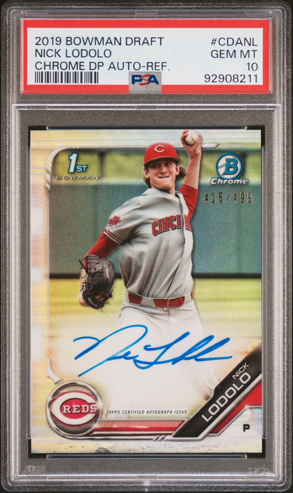 2019 Bowman Draft Chrome Draft Picks Autograph Nick Lodolo Chrome PSA 10