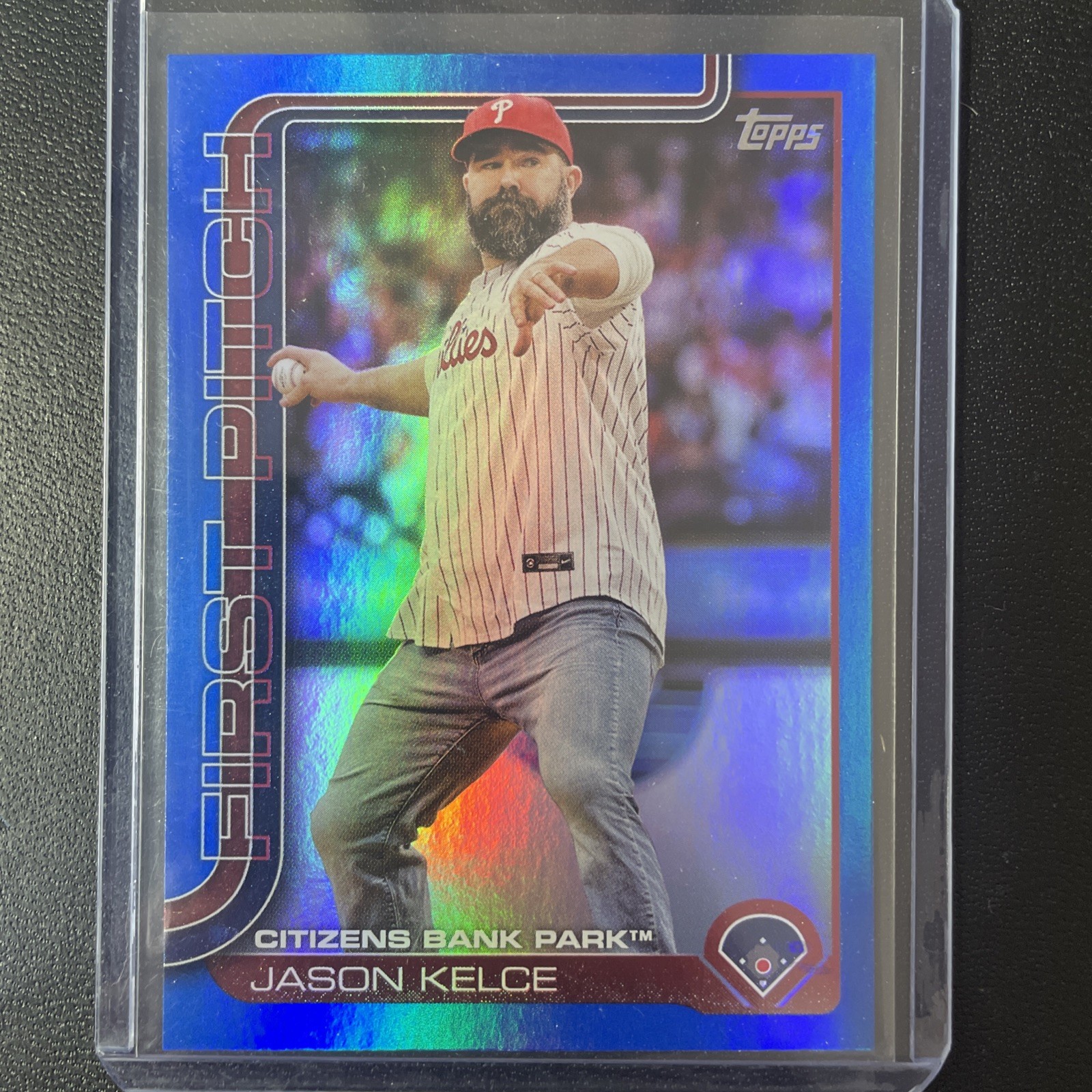 Jason Kelce 2025 Topps First Pitch Blue Foil /150