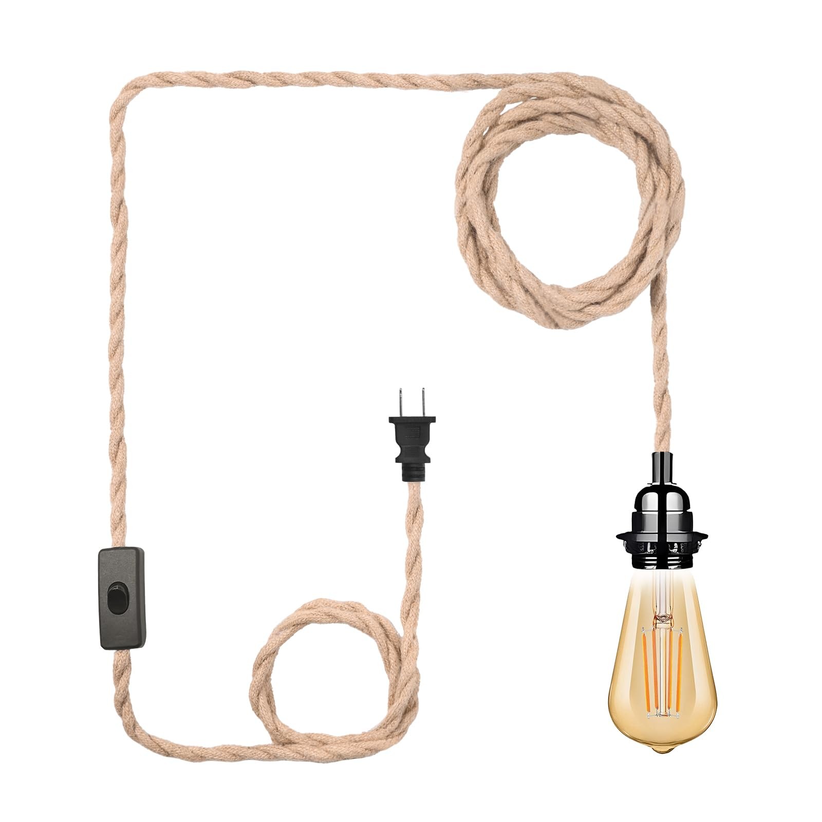 Plug in Pendant Light Cord, Industrial Hanging Light Kit with 15FT Hemp Rope,...
