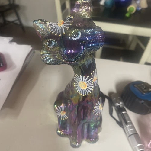 VINTAGE FENTON HAND PAINTED CARNIVAL GLASS "CAT" FIGURINE ARTIST SIGNED  C SMITH