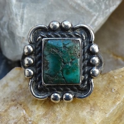 Old Fred Harvey Era Navajo Natural Green-ish Turquoise PINKY Ring Sz 4.5 Signed