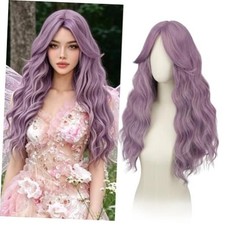 Purple Wigs with Curtain Bangs for Women - Long Wavy Middle Part Light Purple