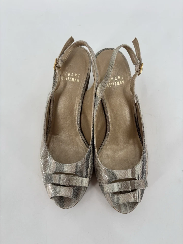Stuart Weitzman Dayna Cork Wedges Womens 5.5 Beige Snake Print Peep Toe Buckle - Image 4 of 4