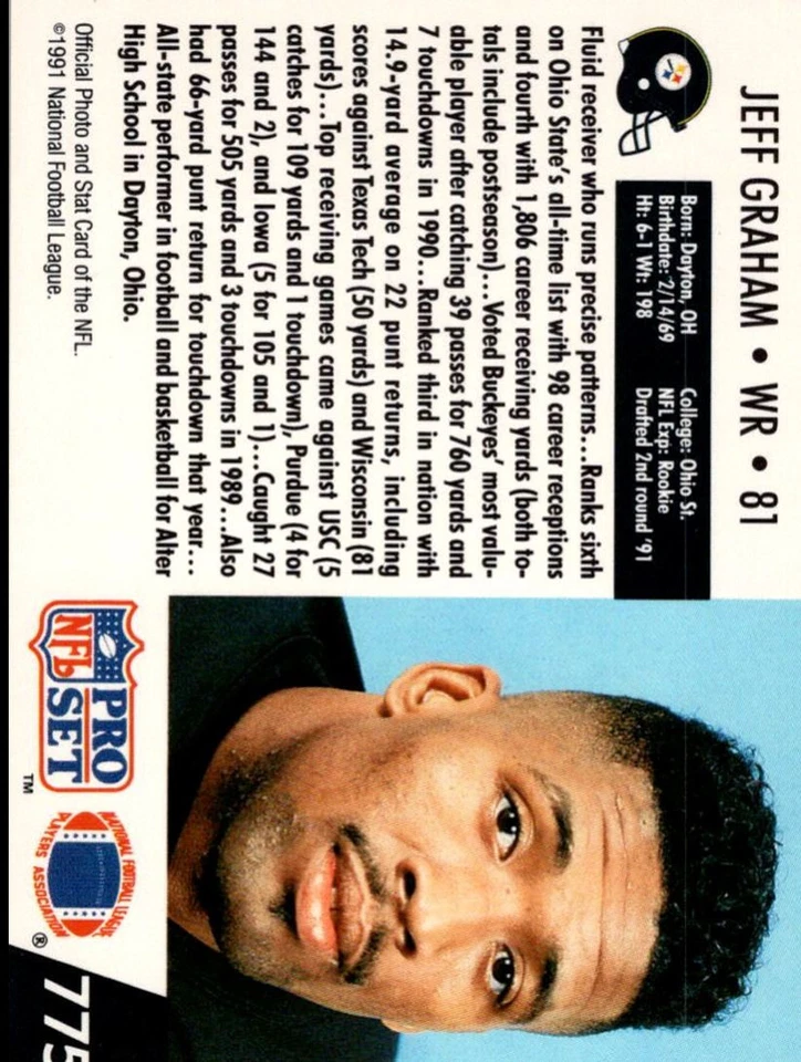 1991 Pro Set Jeff Graham Rookie Pittsburgh Steelers #775 - Image 2 of 2