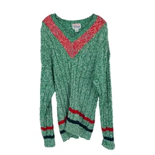 Tally Ho 1980's Slouch Sweater Cotton Green V Neck Size L Taylor Swift Style