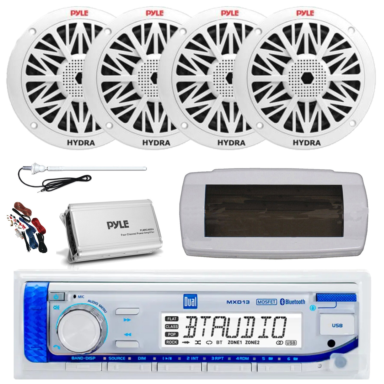 Dual Bluetooth Marine Stereo Kit with Cover, Antenna, Amp & 4x 8-Inch 300W White Speakers