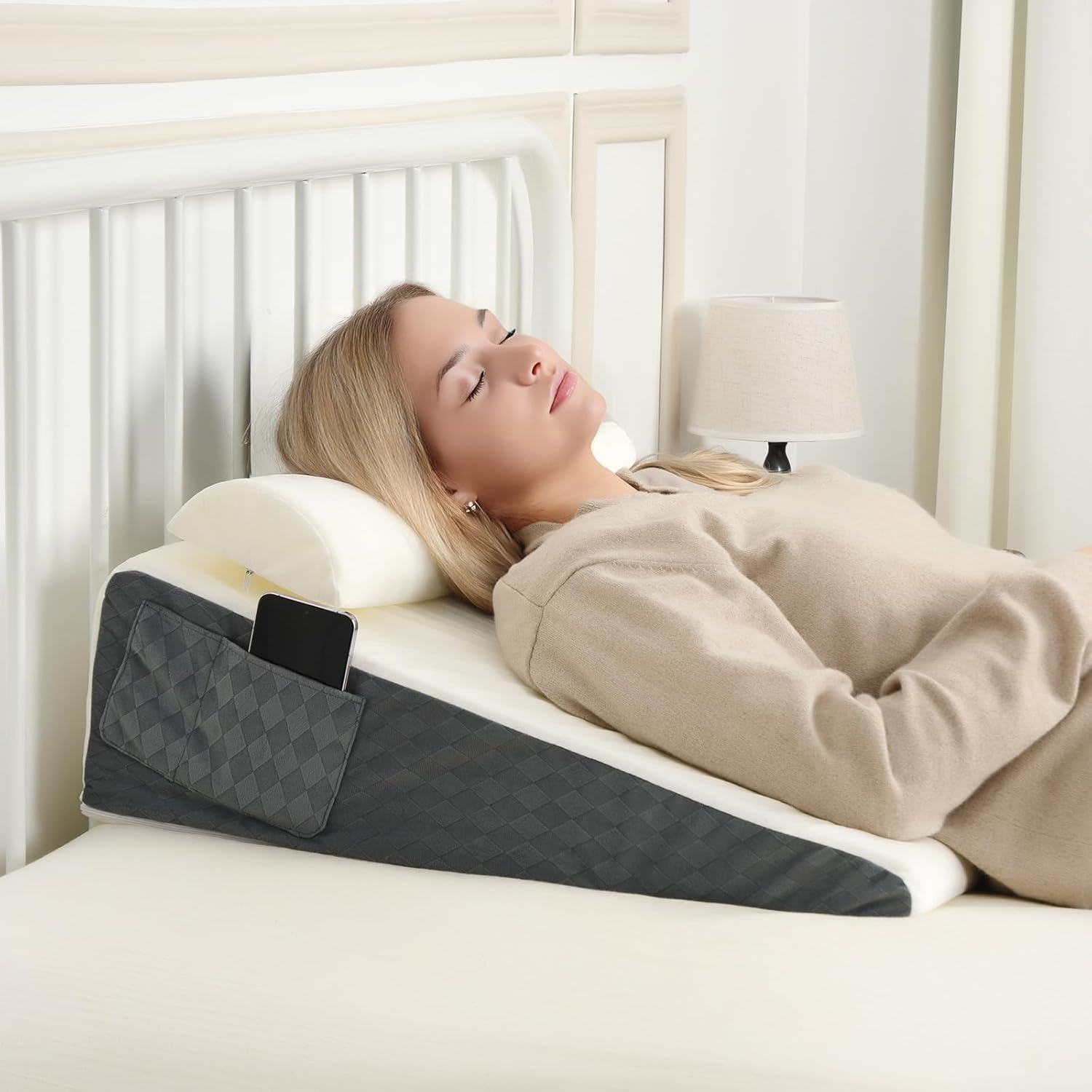 Orthopedic Bed Wedge Pillow for Sleep Apnea Relief - 24x26x7.5 Inch Triangle Support Pillow with Neck Comfort