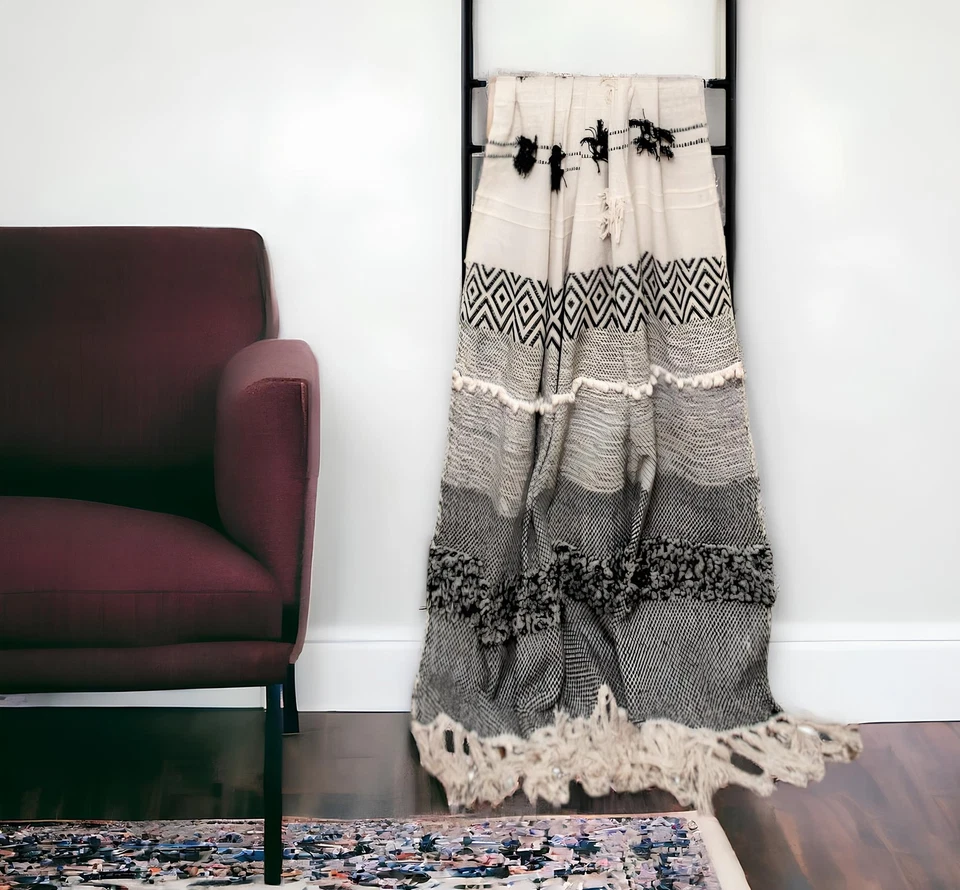 Boho Beige and Black Handloom Weave Throw with Decorative Tassels - Image 2 of 4