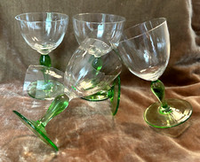 Glastonbury Lotus ~ 5 Liquor Goblets* ~ Clear Optic Bowls / Green Stem & Foot