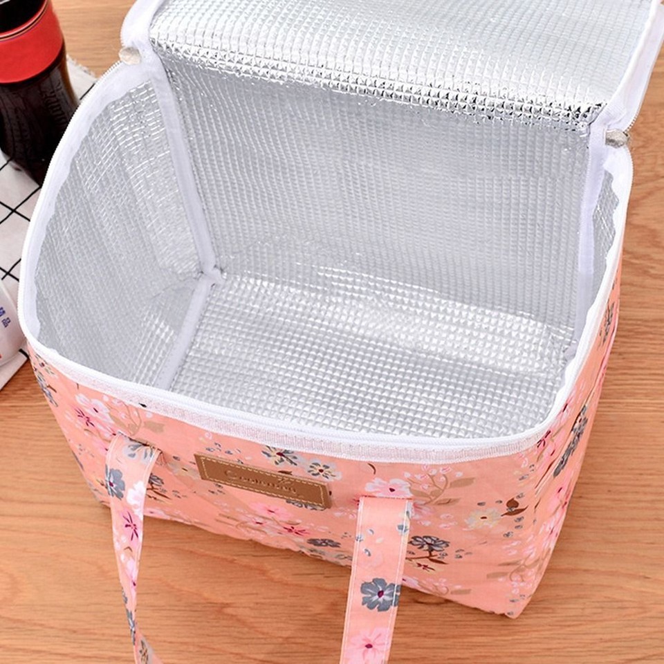 Large Capacity Floral Print Tote Bag Portable Insulated Lunch Bag