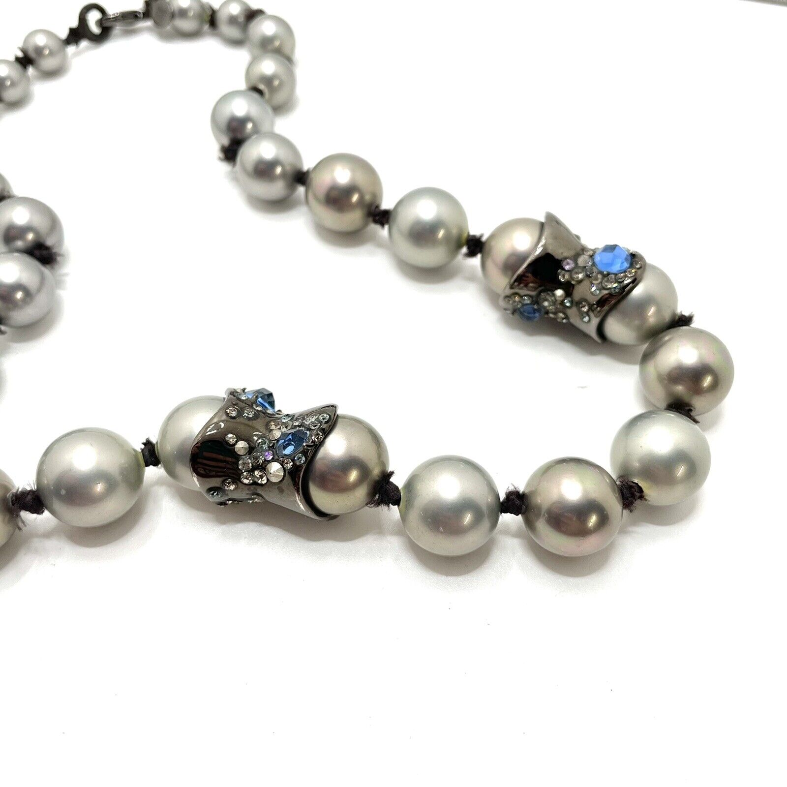 Vintage Gray Rhinestone Blue Beaded Necklace Glam… - image 3