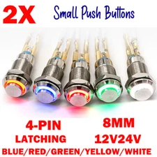2x 8mm Small Metal Push Button Switch 4-Pin LED Latching/Self Locking Waterproof