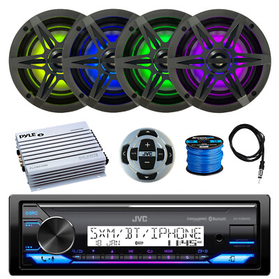 JVC Marine Receiver, Remote, 4x 6.5'' LED Speakers w/Grilles, Amp, Antenna, Wire