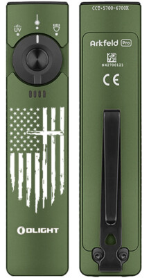 Olight Arkfeld Pro OD Green CW w/Amercian Flag, LED Light/UV/Green