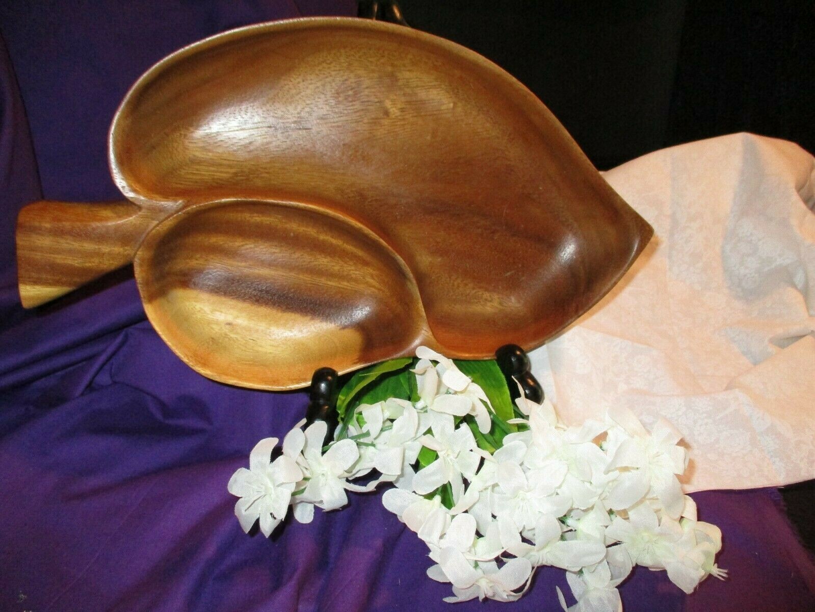 Vintage Kauai Hardwood Monkey Pod Leaf Serving S=Dish eBay