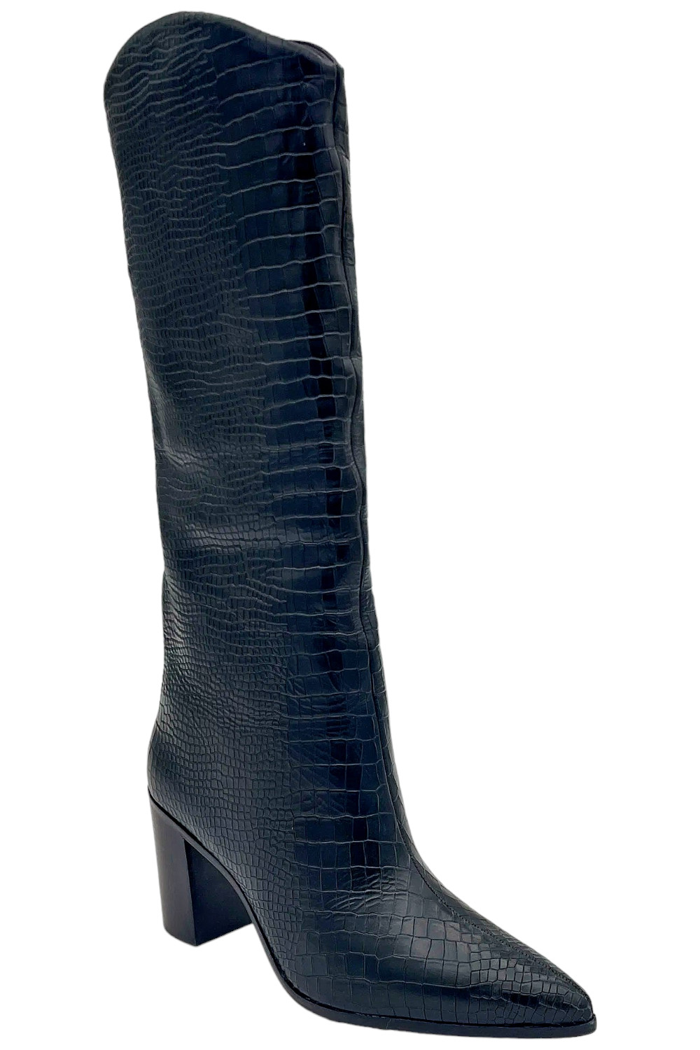 Schutz Croco Leather Knee High Heeled Boots Maryana Block Croc Black