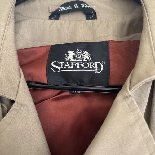 STAFFORD MENS DOUBLE BREASTED TRENCH COAT SIZE 40 TAN OVERCOAT BELTED JACKET image 3